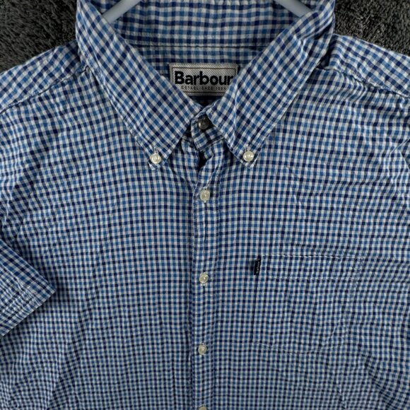 Barbour Short Sleeve Button Up Shirt Blue Check Tailored Fit Large US W/ Logo - Picture 1 of 10